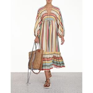 Zimmerman Cassia Tiered Linen-Canvas Midi Dress Pastel Stripe size 3 Large